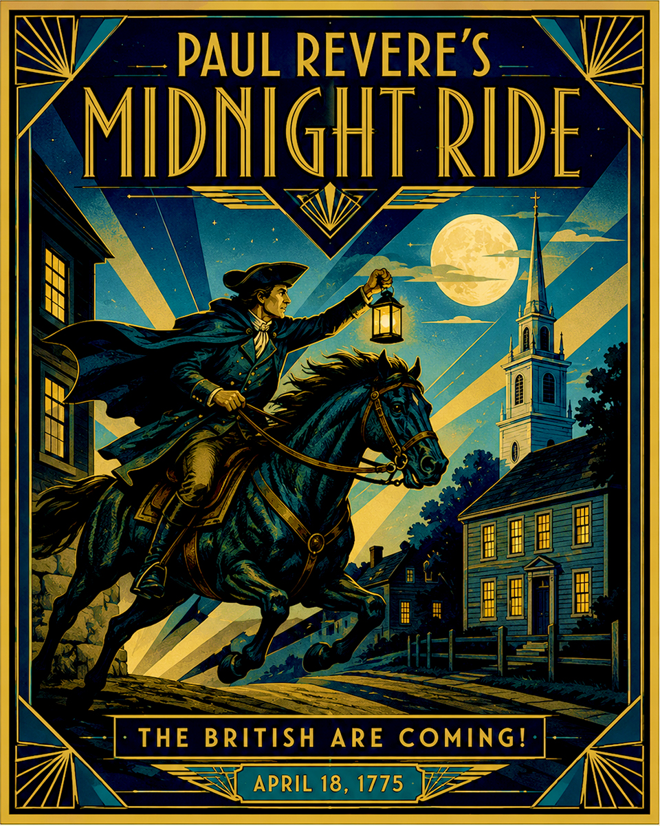 Paul Revere's Midnight Ride Art Deco Style Matted Art Print