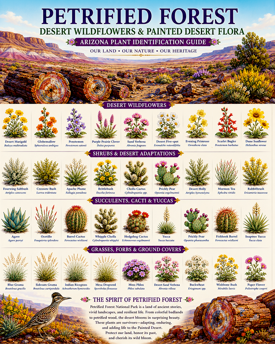 Petrified Forest Desert Wildflowers & Painted Desert Flora Chart Matted Art Print - Arizona Plant Identification Guide