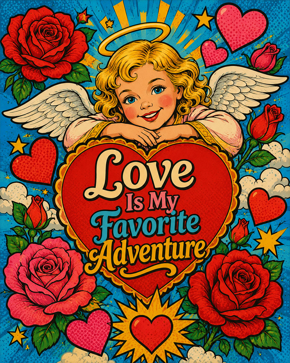 Pop Art Angel Valentine Wall Art Matted Art Print - Love Is My Favorite Adventure Romantic Decor