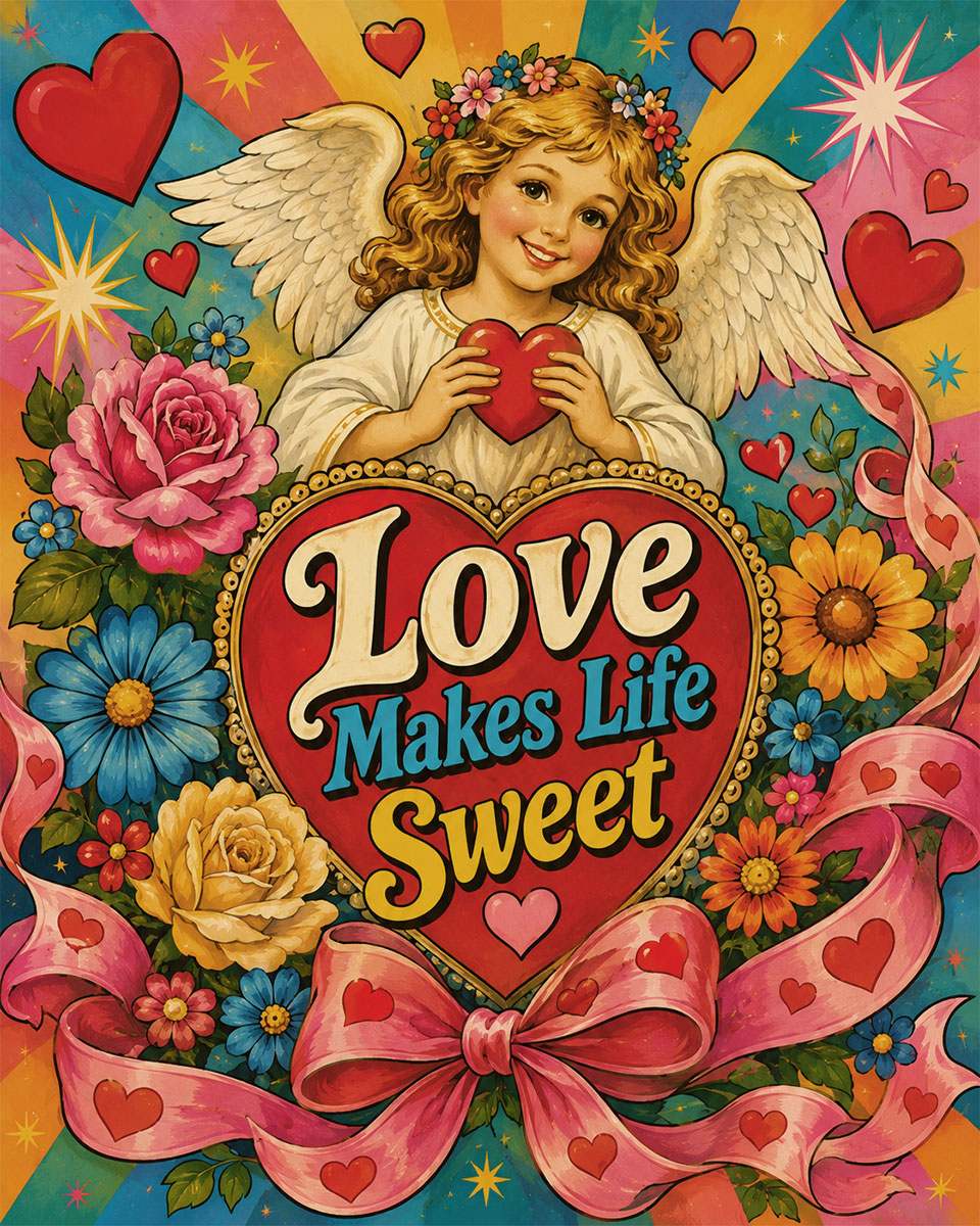 Pop Art Angel Valentine Wall Art Matted Art Print - Love Makes Life Sweet Romantic Decor