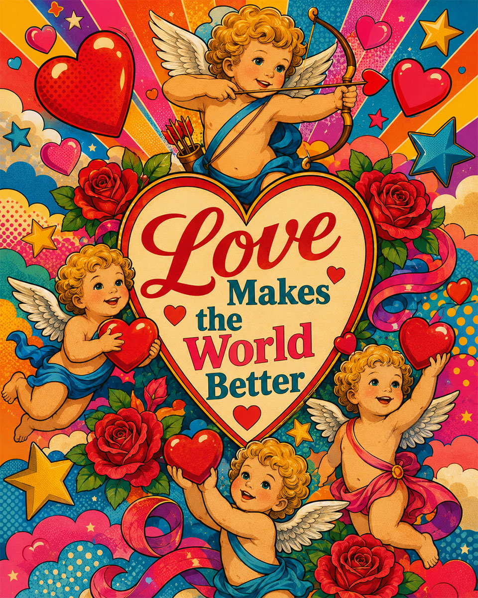 Pop Art Cupid Valentine Wall Art Matted Art Print - Love Makes the World Better Romantic Decor