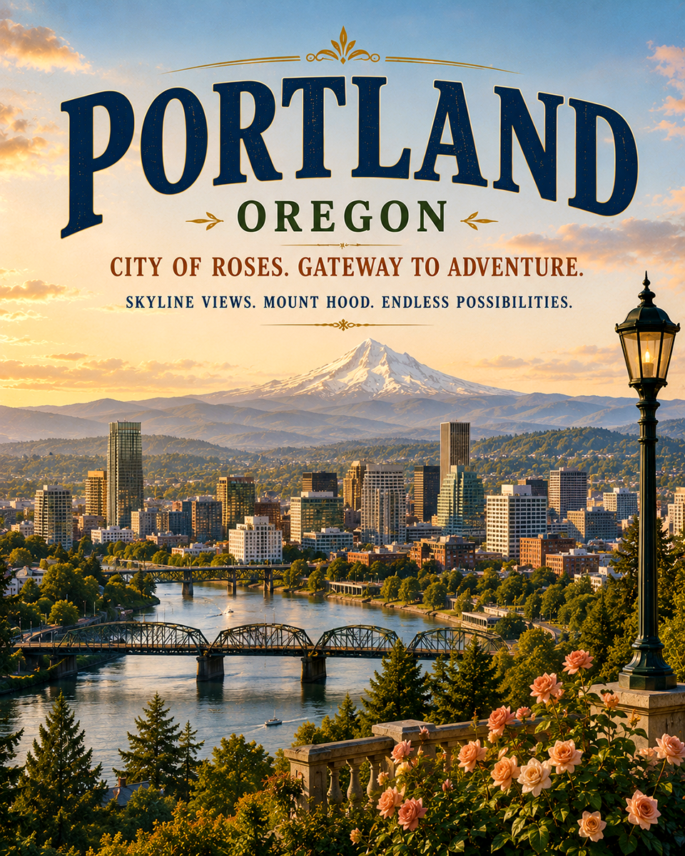 Portland Oregon Skyline and Mount Hood View Matted Art Print - Wholesale Pacific Northwest City Decor