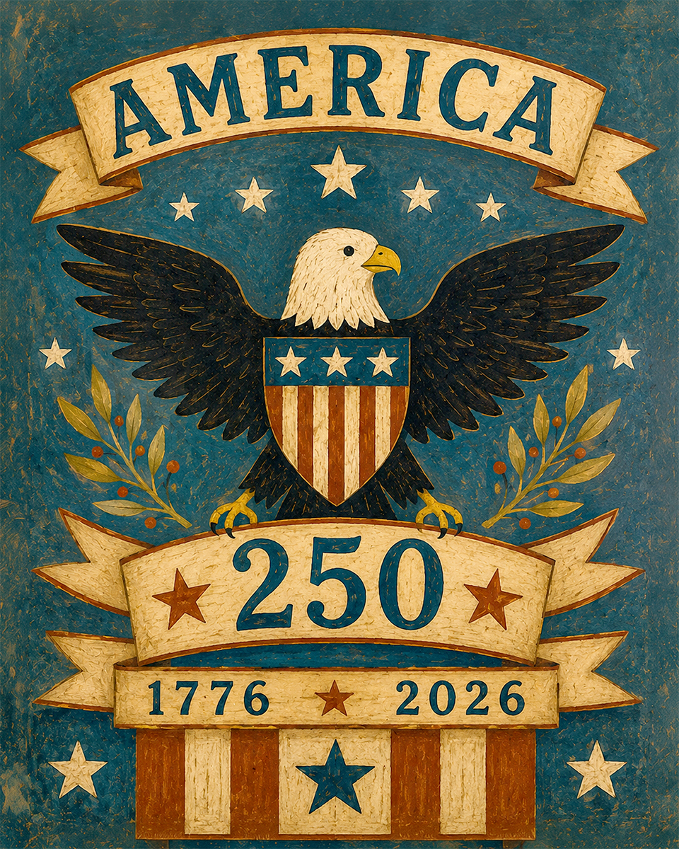 Primitive Style America 250 Eagle on Banners Matted Art Print