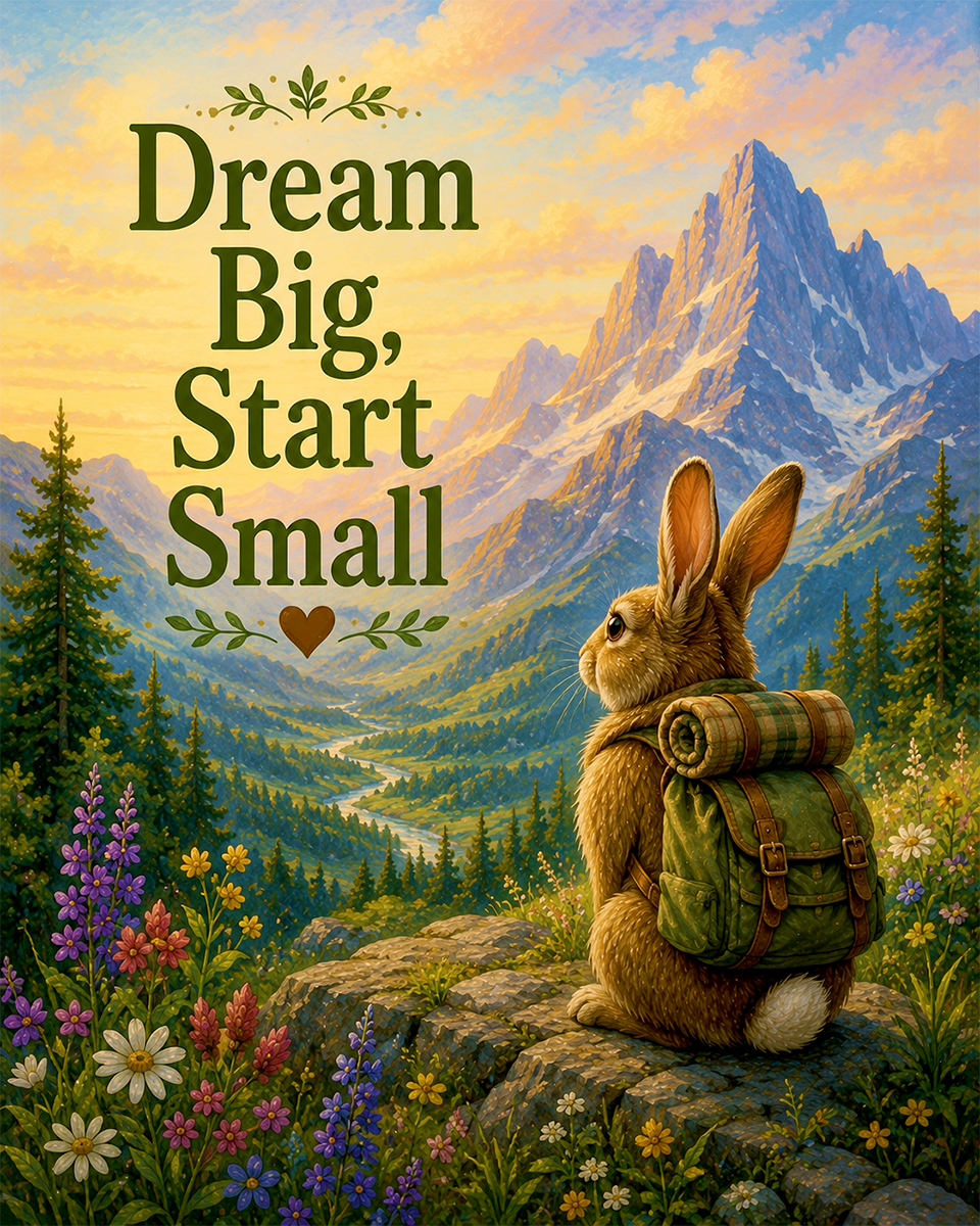 Rabbit Adventure Wall Art Matted Art Print - Mountain Decor with Motivational Saying