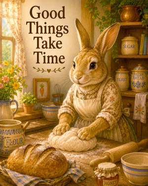 Rabbit Baker Wall Art Matted Art Print - Cottagecore Kitchen Decor with Inspirational Saying