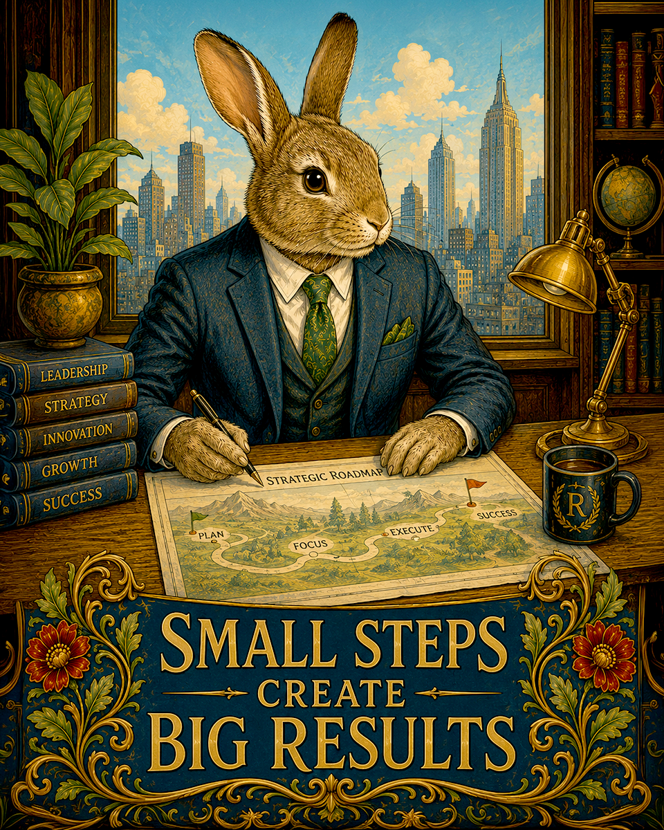 Rabbit Success Wall Art Matted Art Print - Small Steps Create Big Results Motivational Decor