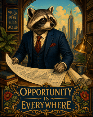 Raccoon Business Wall Art Matted Art Print - Opportunity Is Everywhere Motivational Decor