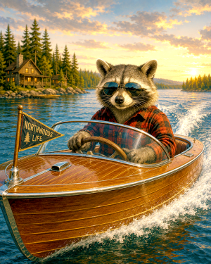 Raccoon-Driving-Classic-Wooden-Boat-Matted-Art-PrintQQWholesale-Northwoods-Lake-Decor.png