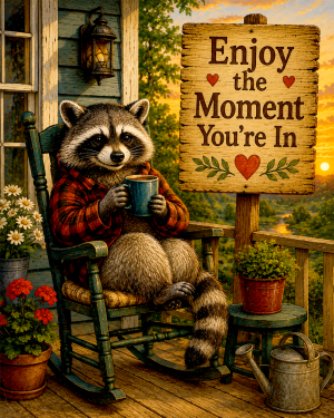 Raccoon Porch Wall Art Matted Art Print - Cozy Americana Decor with Inspirational Quote