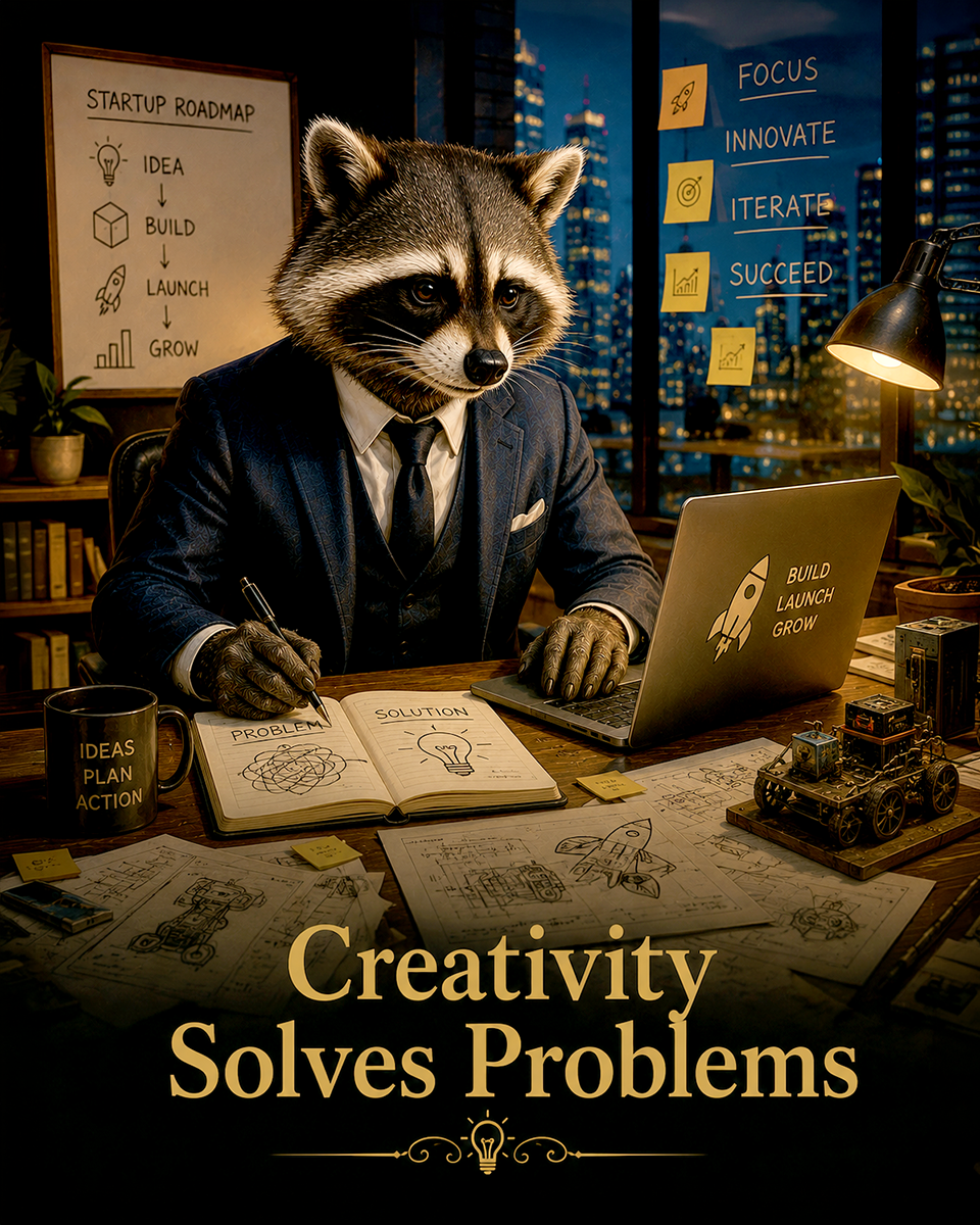 Raccoon Startup Wall Art Matted Art Print - Creativity Solves Problems Entrepreneur Decor