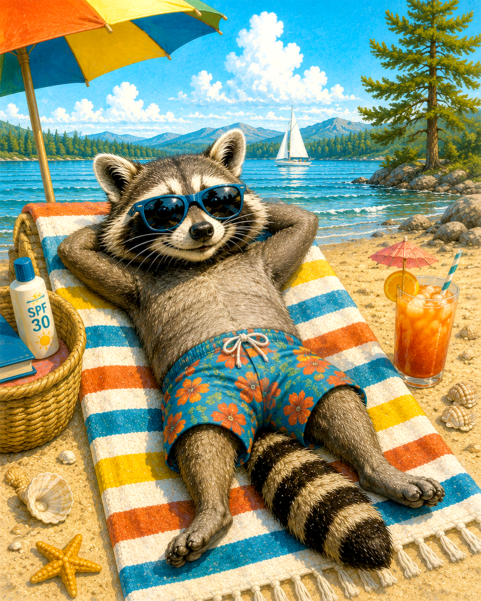 Raccoon Sunbathing on Beach Towel Matted Art Print - Wholesale Whimsical Retail Art