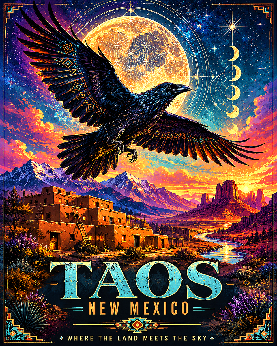 Raven Above Taos Matted Artwork - Wholesale New Mexico Home Decor