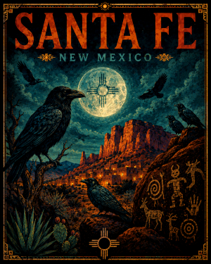 Raven at Night in Santa Fe Matted Artwork - Enchanting New Mexico Wholesale Decor
