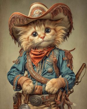 Rawlins the Frontier Cowboy Cat - Matted Art Print for Chic Arizona Vacation Home Accent