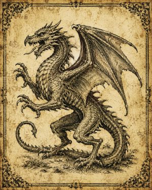 Renaissance Woodcut Style European Wyvern Antique Distressed Parchment Matted Print