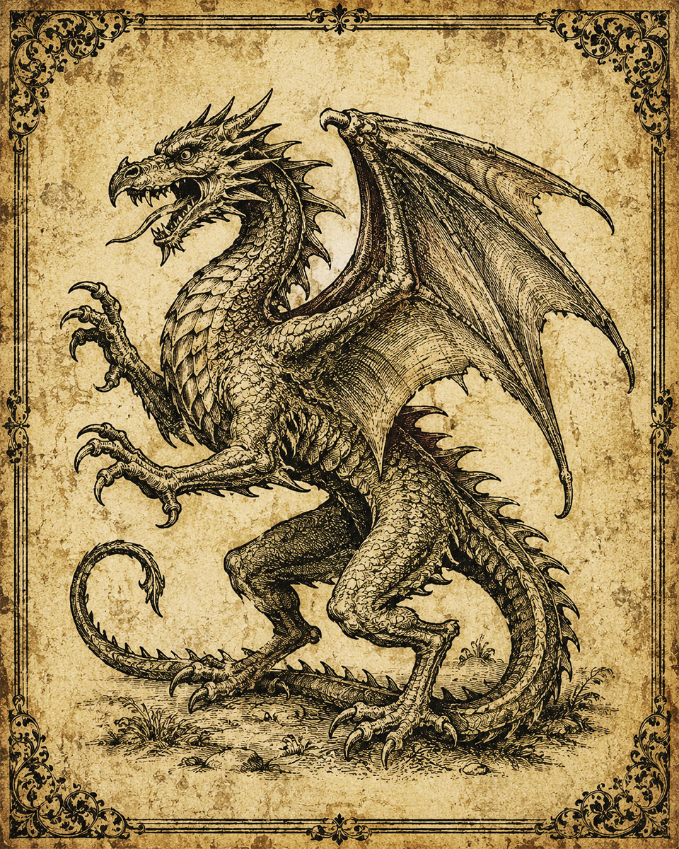 Renaissance Woodcut Style European Wyvern Antique Distressed Parchment Matted Print