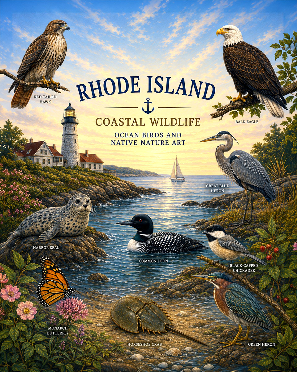 Rhode-Island-Coastal-Wildlife-Matted-Art-PrintQQOcean-Birds-and-Native-Nature-Art