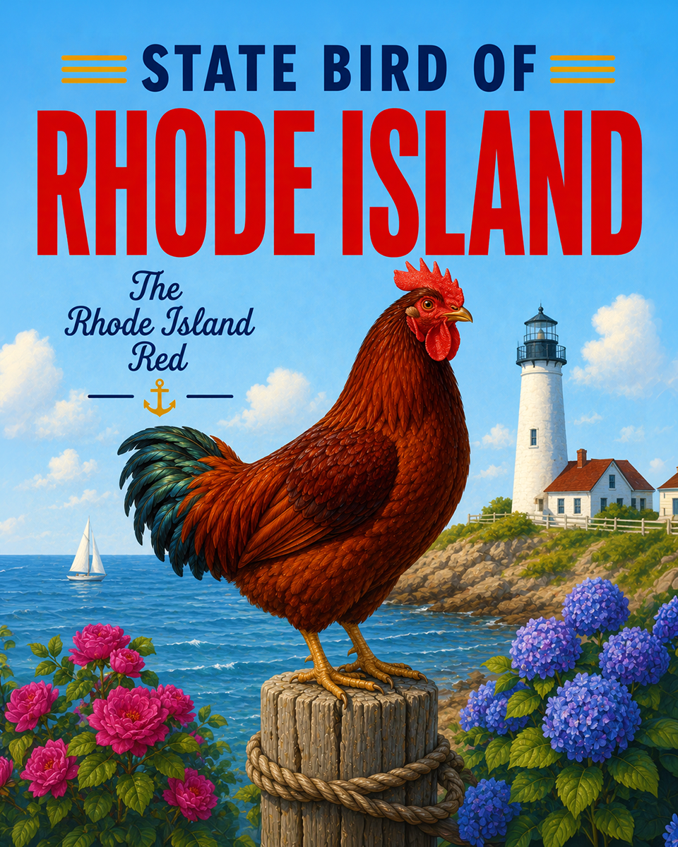 Rhode Island Red State Bird Matted Art Print - Classic Heritage Poultry Portrait for Farmhouse Kitchen Wall Art