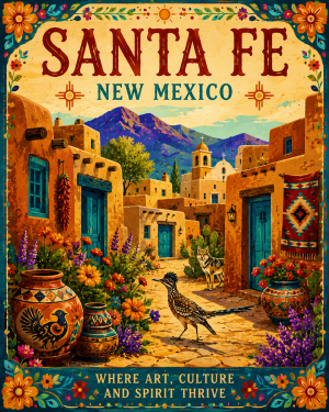 Roadrunner in Santa Fe Matted Art Print - Wholesale Souvenir New Mexico Home Decor