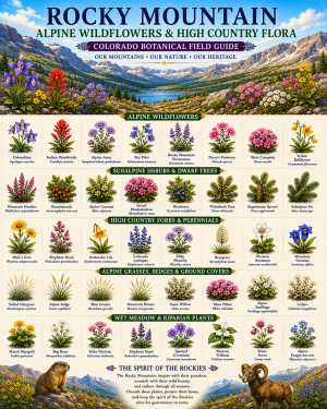Rocky Mountain Alpine Wildflowers & High Country Flora Chart Matted Art Print - Colorado Botanical Field Guide