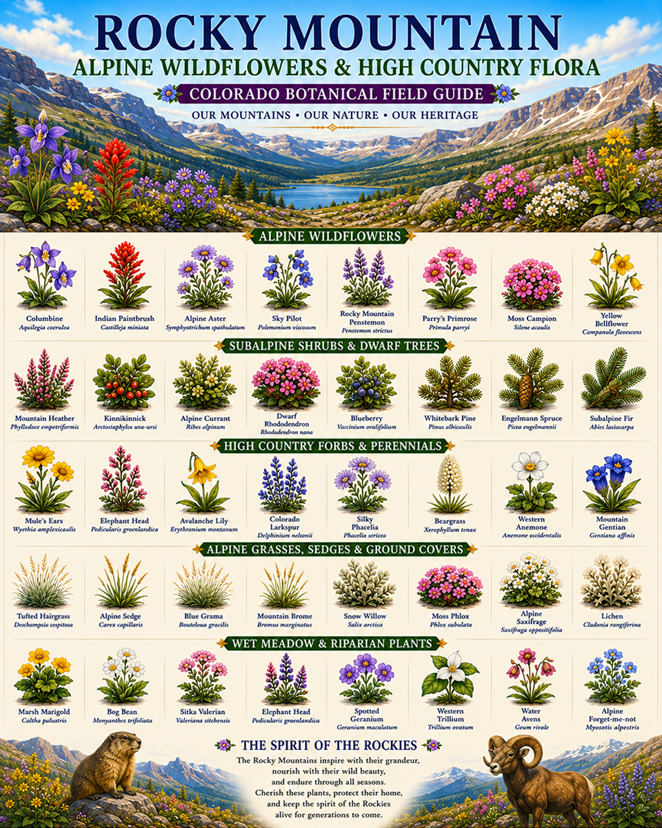 Rocky Mountain Alpine Wildflowers & High Country Flora Chart Matted Art Print - Colorado Botanical Field Guide
