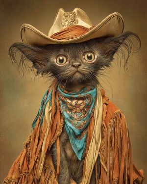 Roscoe the Freaked Out Cowboy Cat - Matted Art Print for Rustic Cabin Wall Art