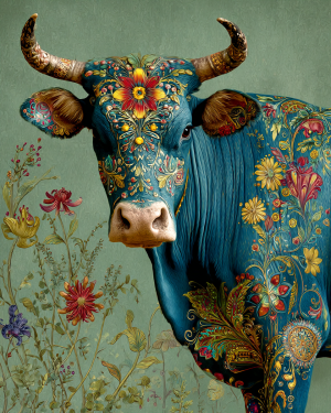 Rosemaling Influence Bull Design Showcasing Floral Flourishes and Flawless Traditional Folk Art Balance - Matted Art Print