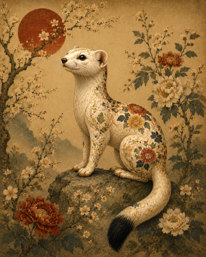 Rosemaling Influence Decorative Ermine  Scandinavian Floral Painting - Matted Art Print
