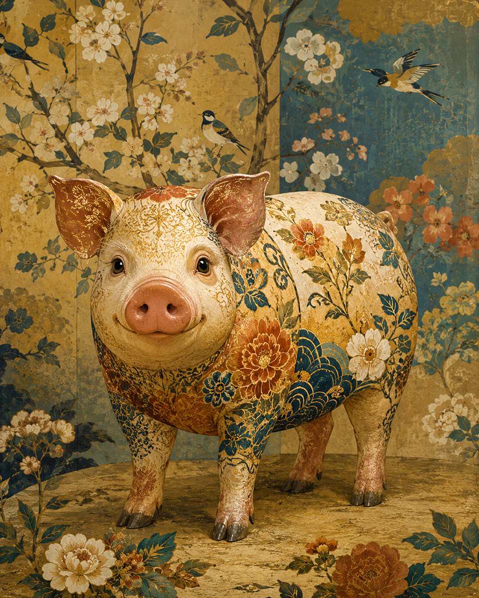 Rosemaling Influence Enchanting Pig Bringing a Touch of Whimsical Alpine Magic and Ornate Storybook Style Illustration to Kids Rooms - Matted Art Print