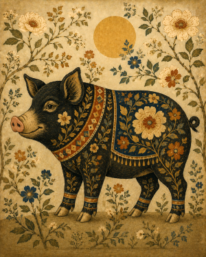 Rosemaling Influence Pig Showcasing Elaborate Japandi Flourishes - Matted Art Print