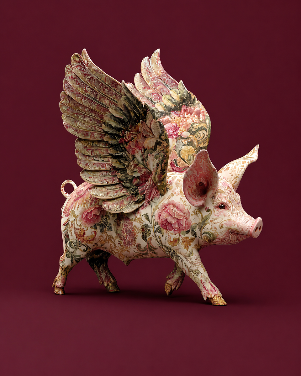 Rosemaling Influence Pink Flying Pig Painted Featuring Elegant Florals for Cozy Cabin Decor - Matted Art Print