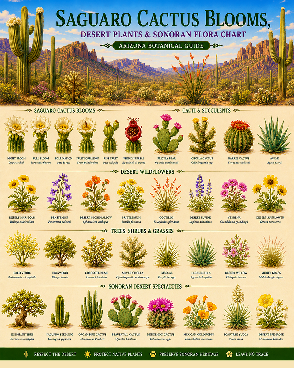 Saguaro Cactus Blooms Desert Plants & Sonoran Flora Chart Matted Art Print - Arizona Botanical Guide