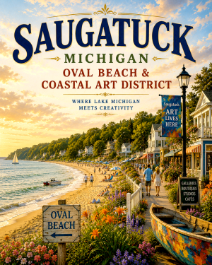 Saugatuck Michigan Oval Beach & Coastal Art District Matted Print - Wholesale Beach Town Wall Decor