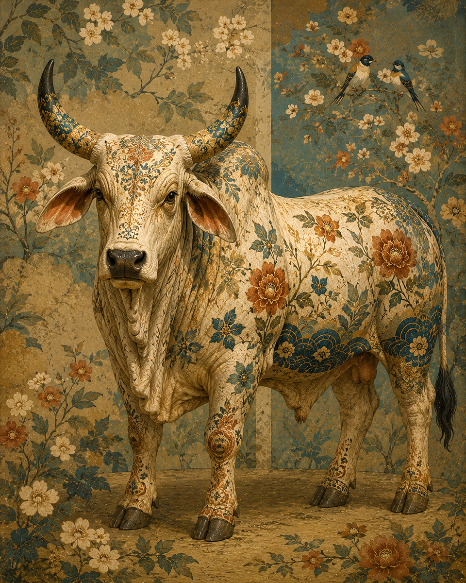 Scandinavian Folk Art Bull Design Bursting with Nordic Flowers - Matted Art Print
