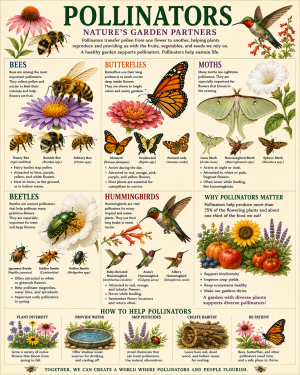 Scientific Chart of Pollinators - Bees - Butterflies - Moths - Beetles and Hummingbirds - Educational Garden Ecology Poster Matted Art Prints for Classrooms