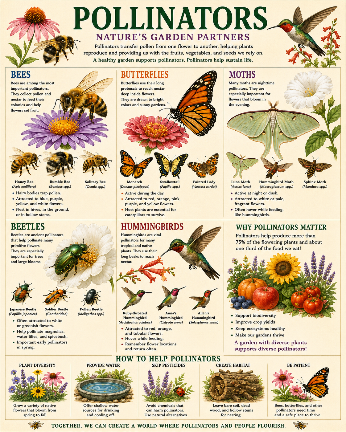 Scientific Chart of Pollinators - Bees - Butterflies - Moths - Beetles and Hummingbirds - Educational Garden Ecology Poster Matted Art Prints for Classrooms