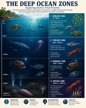 Scientific Illustration of Deep Ocean Zones - Sunlight Zone - Twilight Zone - Midnight Zone and Abyssal Zone - Marine Biology Infographic Matted Art Prints for Classrooms