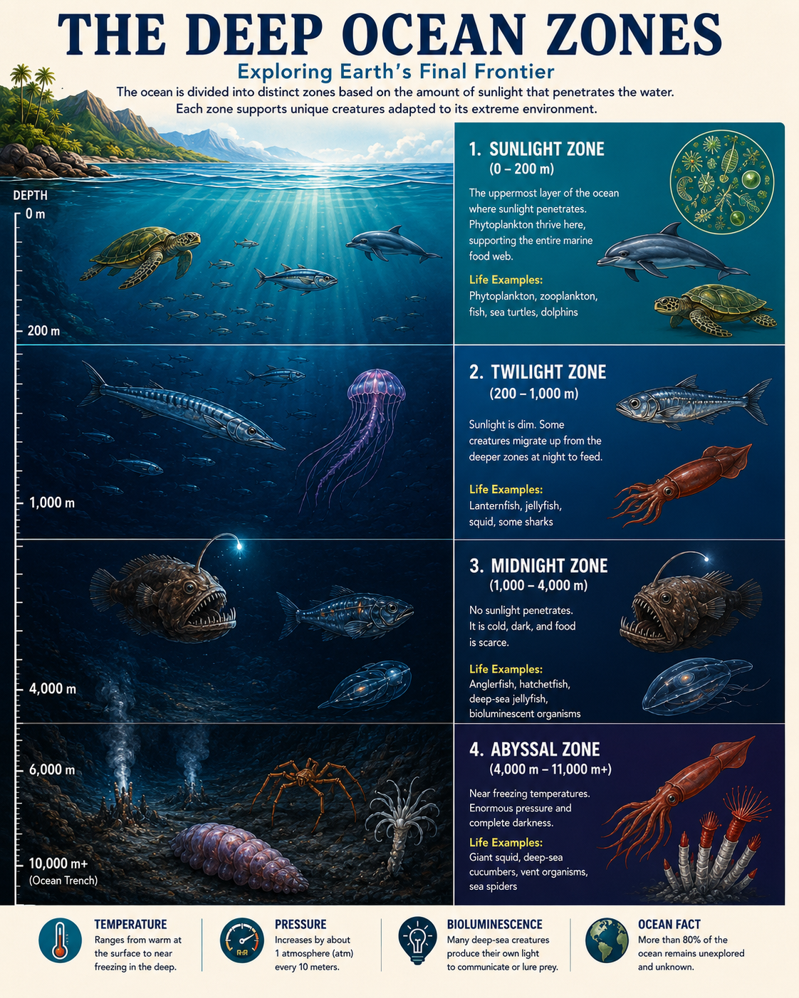 Scientific Illustration of Deep Ocean Zones - Sunlight Zone - Twilight Zone - Midnight Zone and Abyssal Zone - Marine Biology Infographic Matted Art Prints for Classrooms