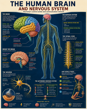 Scientific Illustration of The Human Brain and Nervous System - Educational Anatomy Classroom Poster Matted Art Prints for Classrooms