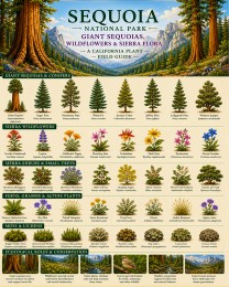 Sequoia Giant Sequoias Wildflowers & Sierra Flora Chart Matted Art Print - California Plant Field Guide