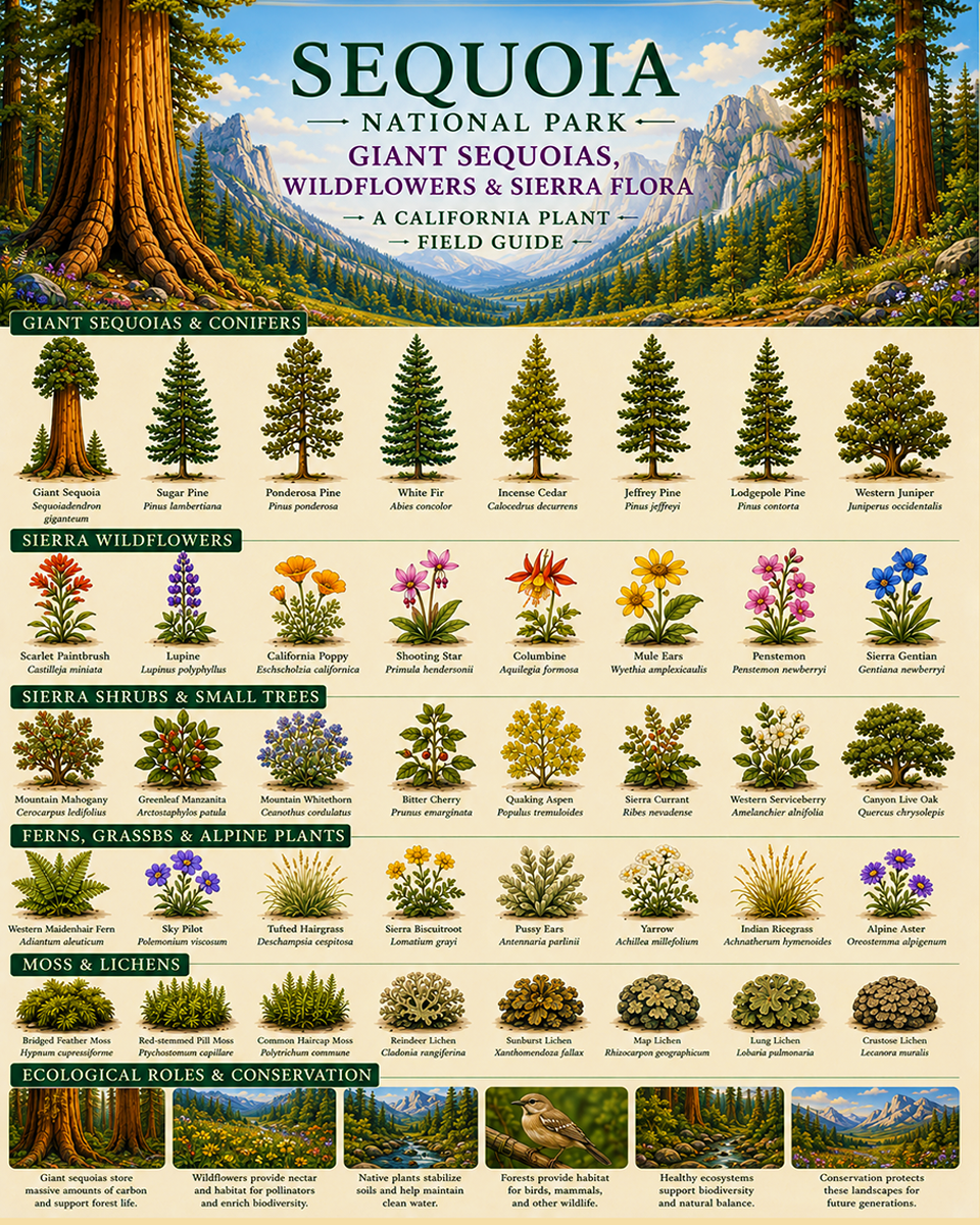Sequoia Giant Sequoias Wildflowers & Sierra Flora Chart Matted Art Print - California Plant Field Guide