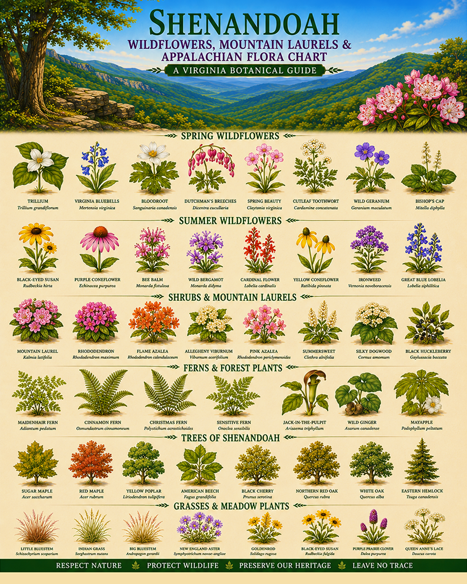 Shenandoah Wildflowers Mountain Laurels & Appalachian Flora Chart Matted Art Print - Virginia Botanical Guide