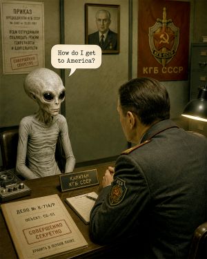 Skinny Bob the Alien from Zeta Reticuli Matted Art Print - Retro UFO Wholesale Decor