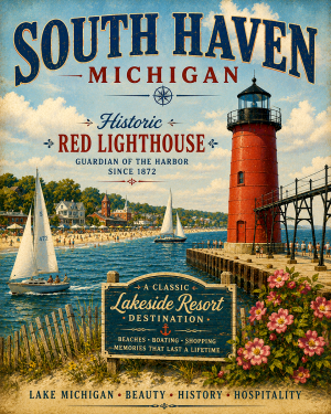 South Haven Michigan Historic Red Lighthouse Matted Art Print - Wholesale Classic Lakeside Resort Decor