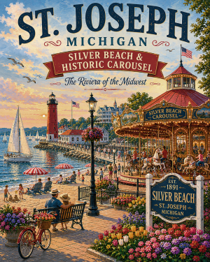 St. Joseph Michigan Silver Beach & Historic Carousel Matted Print - Wholesale Riviera of the Midwest Art