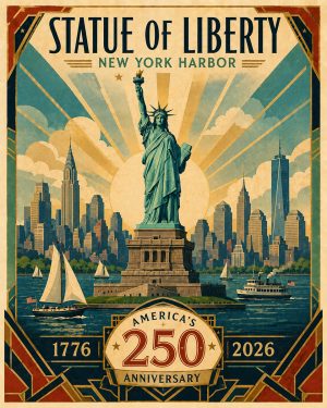 Statue of Liberty New York Harbor Art Deco Illustration Matted Print - America's 250th Anniversary