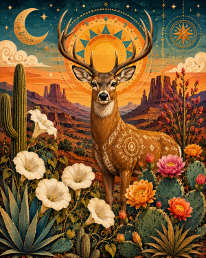 Stylized Buck Deer Southwestern Matted Art Print - Wholesale Retail Decor