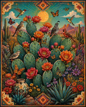 Stylized Cactus and Desert Birds Southwestern Matted Art Print - Wholesale Retail Decor