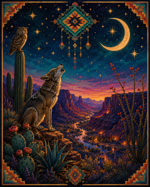 Stylized Coyote Southwestern Matted Art Print - Wholesale Retail Decor