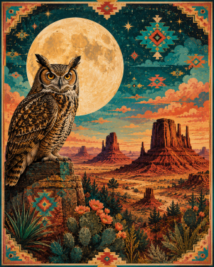 Stylized Great Horned Owl Southwestern Matted Art Print - Wholesale Retail Decor